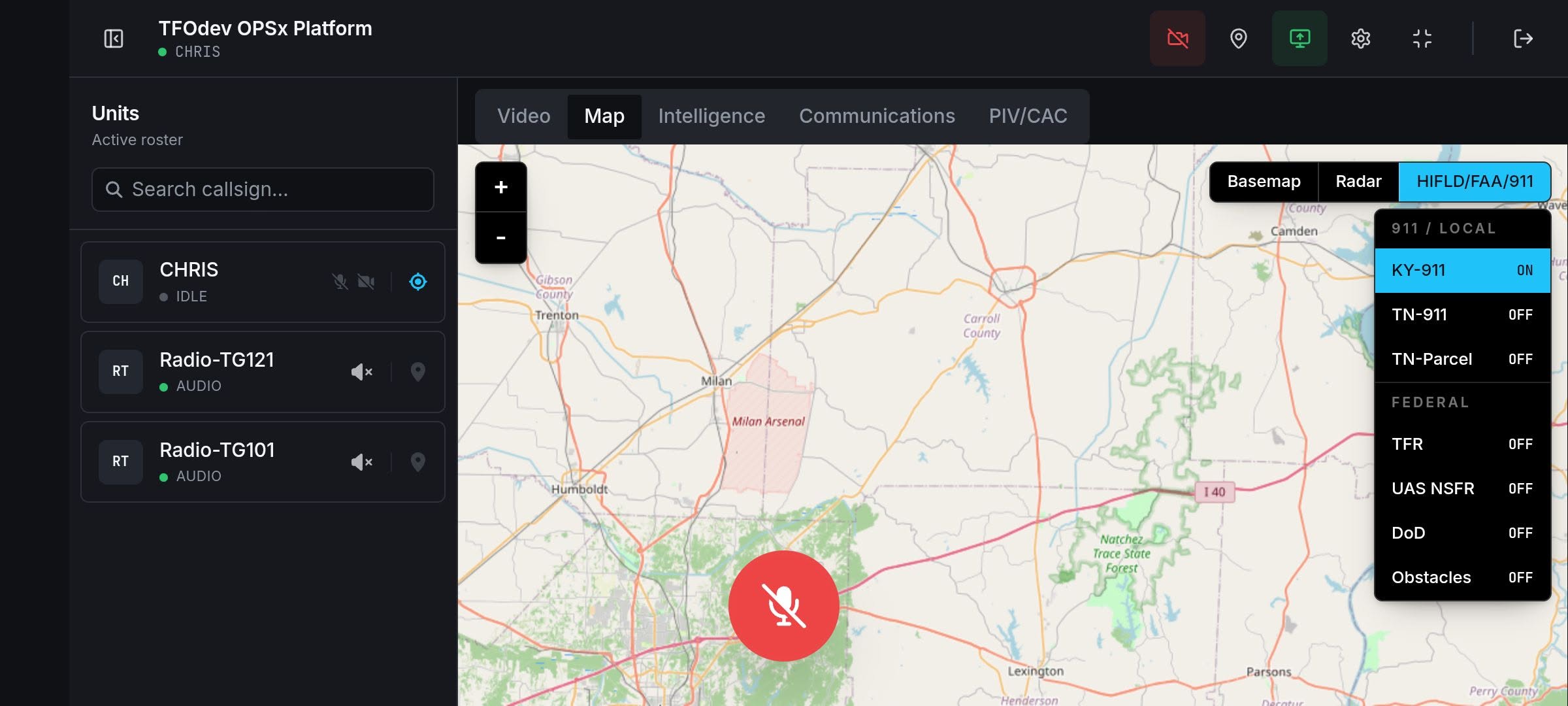 OPSx platform map interface with public safety data layer menu