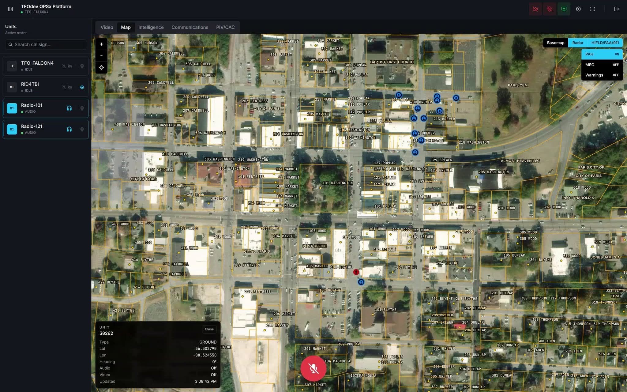 OPSx map showing operational layers and unit status